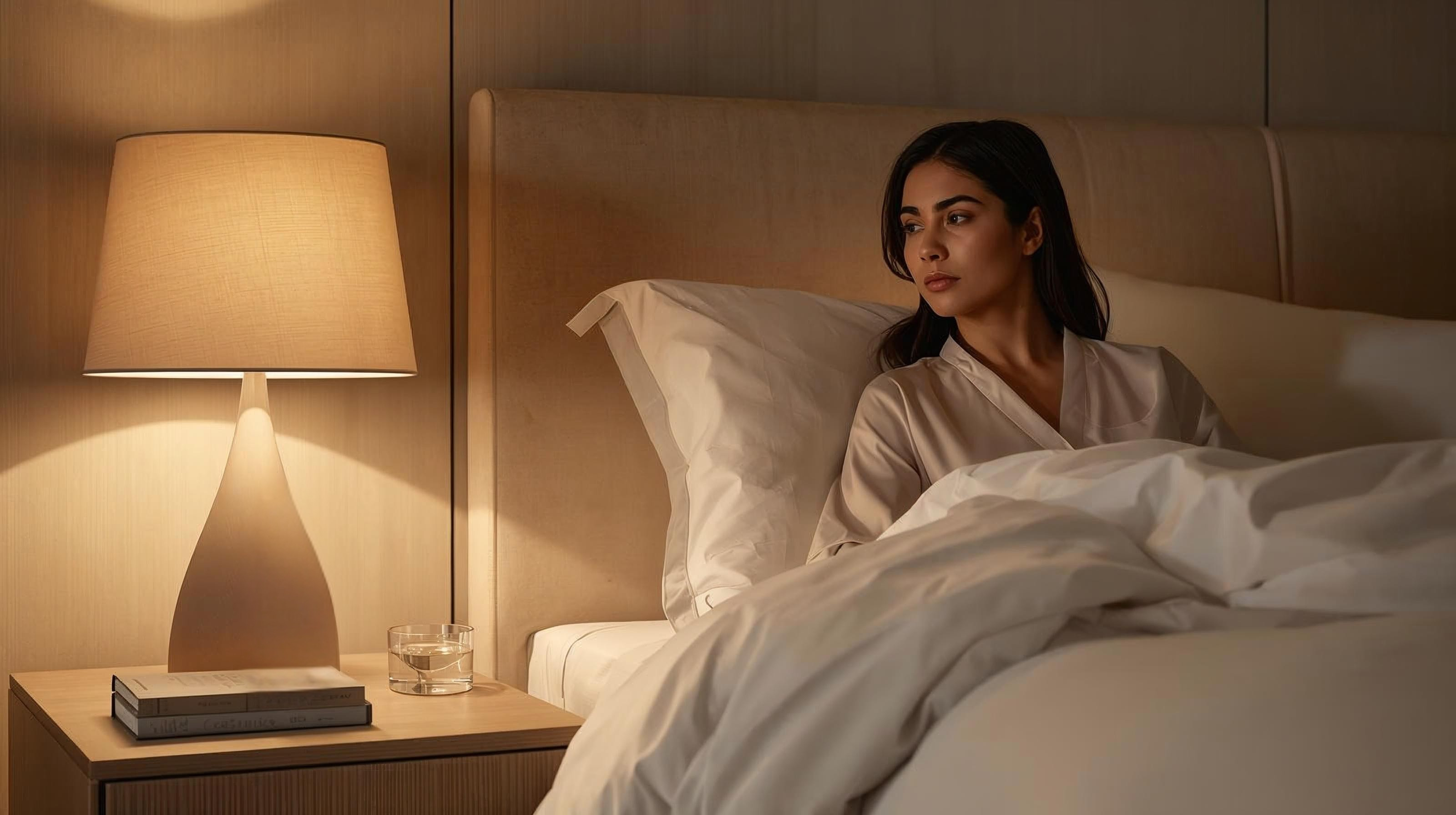 Woman relaxing in bed at night