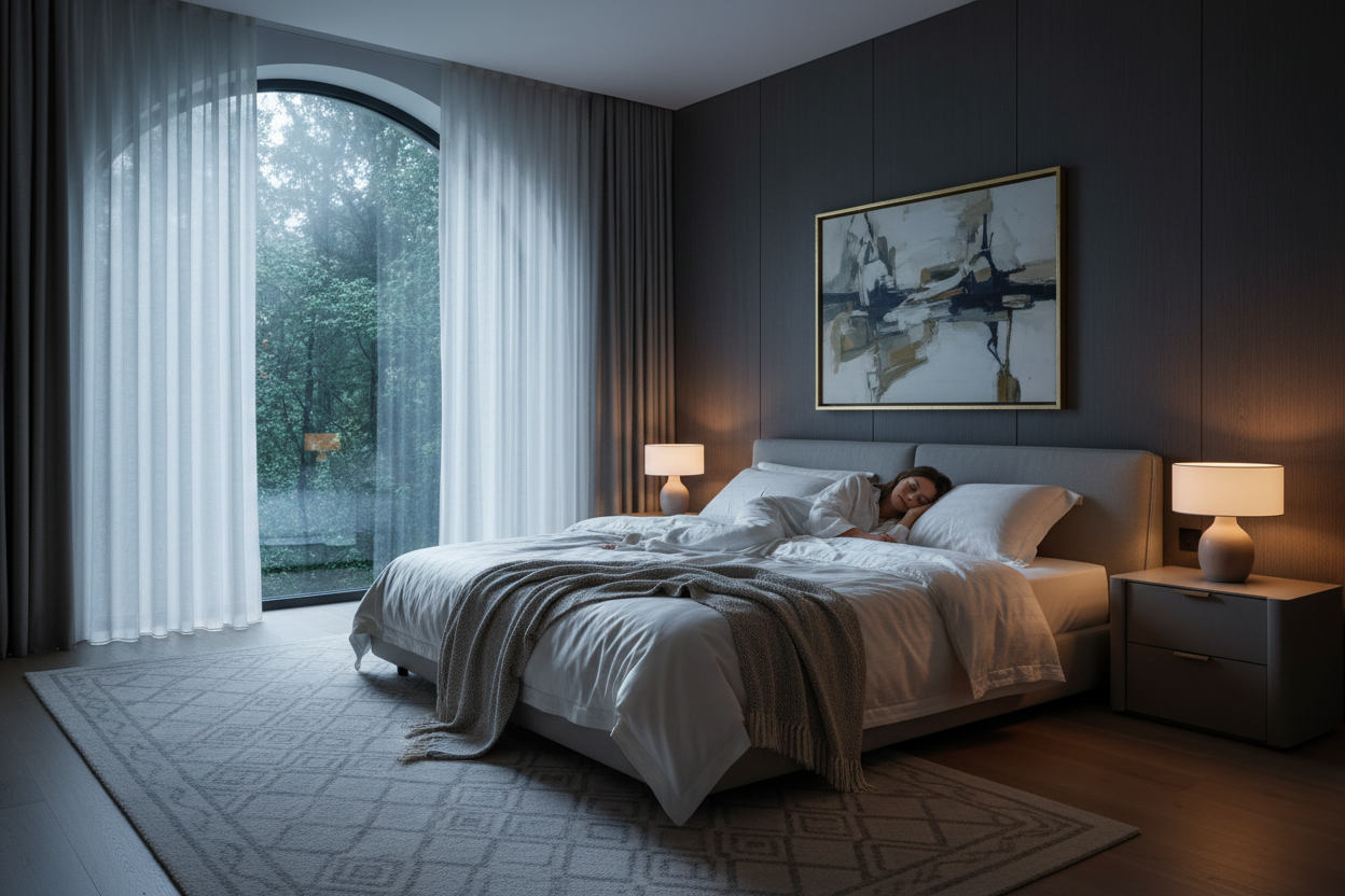 Modern bedroom with a bed, nightstands, and a large window.