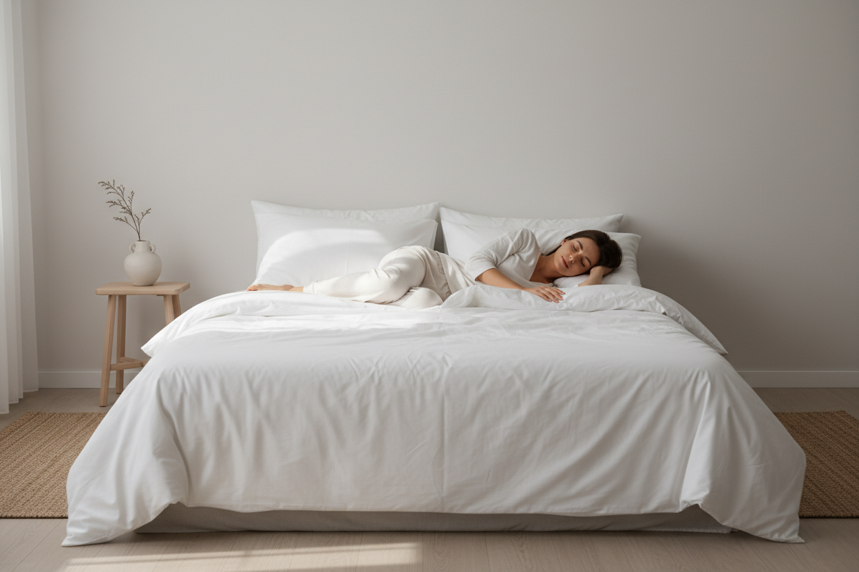 Woman sleeping peacefully on a bed with white bedding in a minimalistic room.
