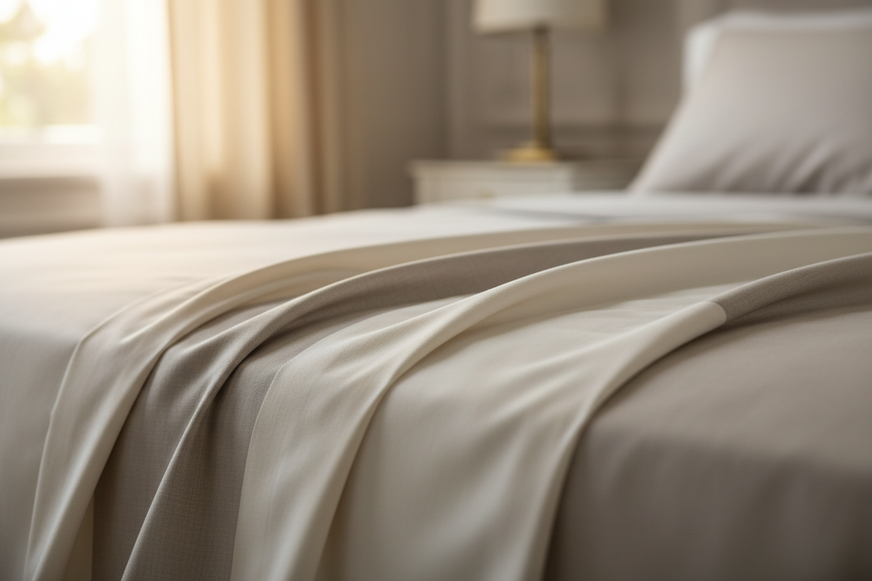 Neatly made bed with beige bedding in a softly lit bedroom.